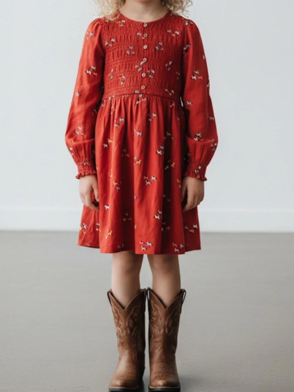 NWT- Cat & Jack Girls' Orange Long-Sleeve Smocked Horse-Print Dress